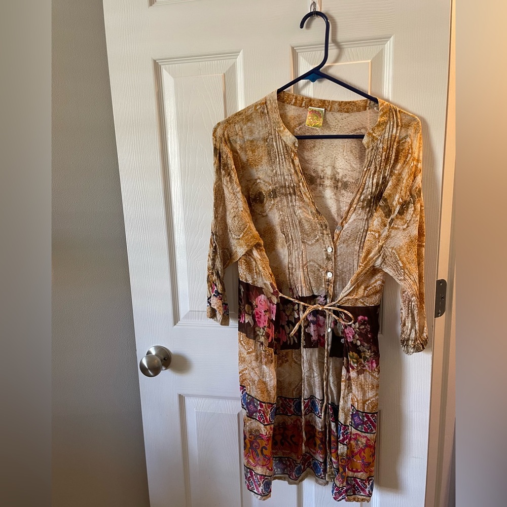 Bohemian Floral Tie-Waist Maxi Dress - Gold & Pink